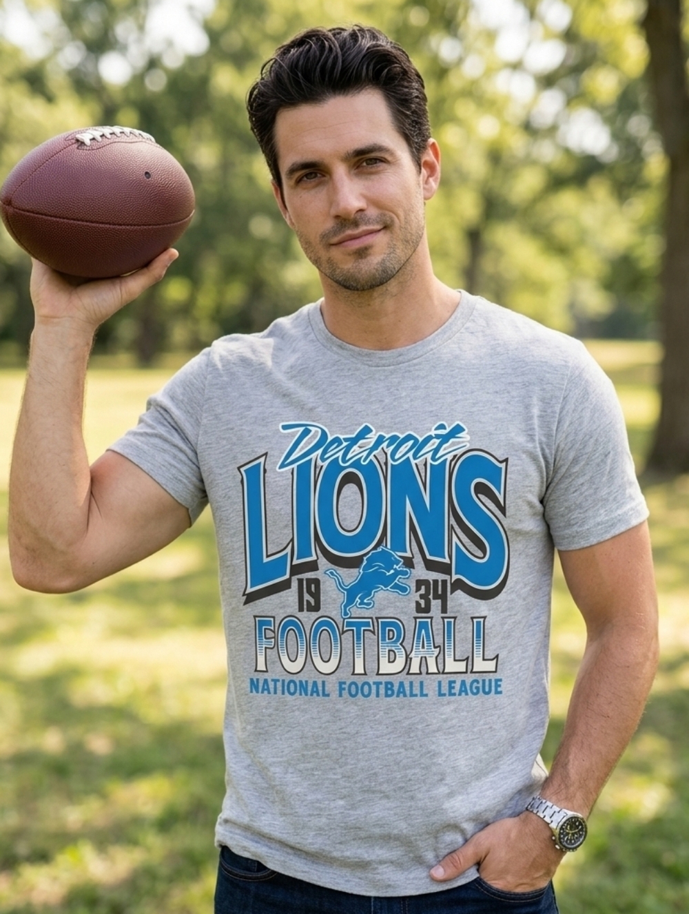 NFL Detroit Lions Gray and Blue Short Sleeve Tee